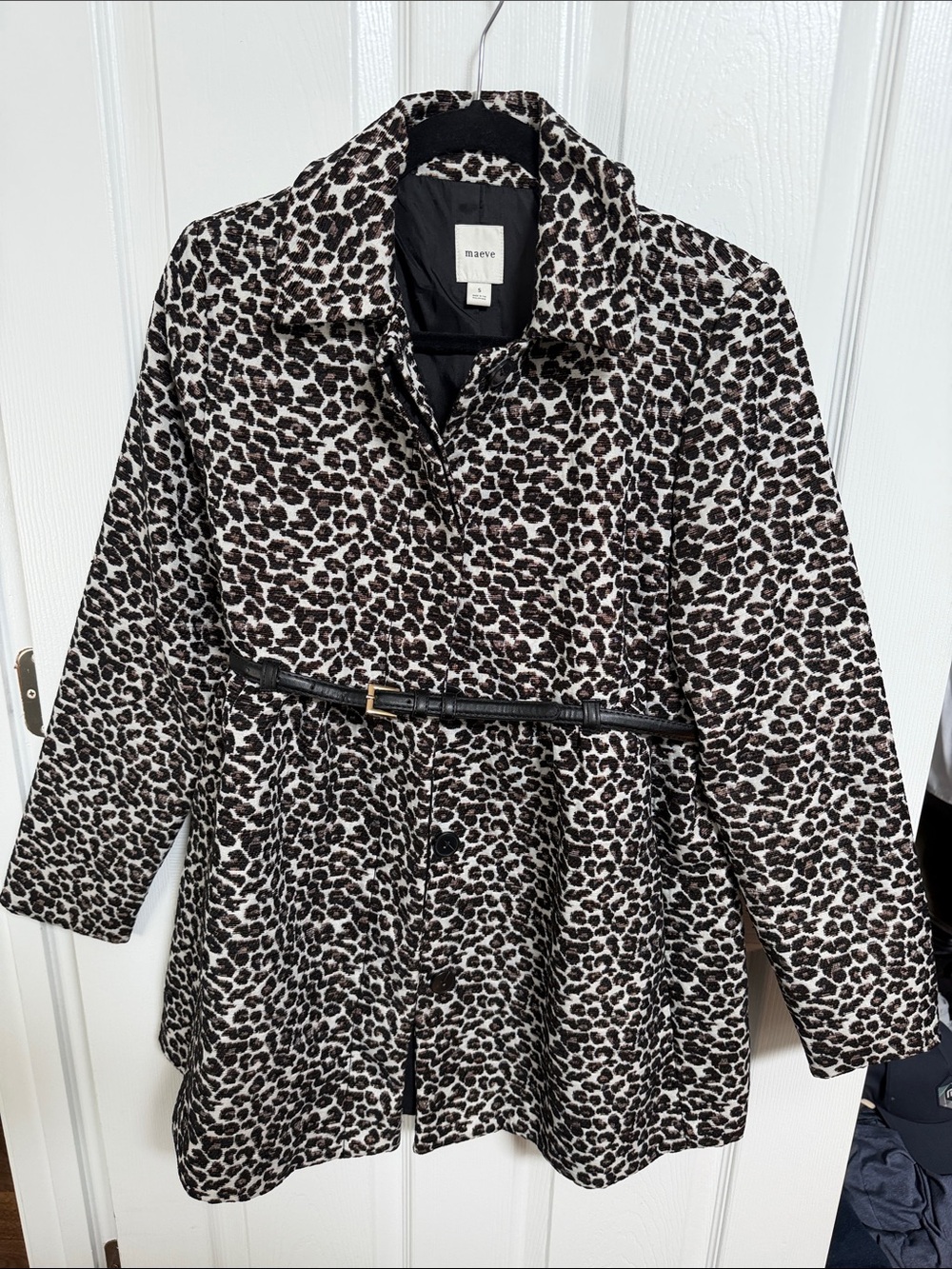 Maeve Black and White Leopard Print Belted Coat